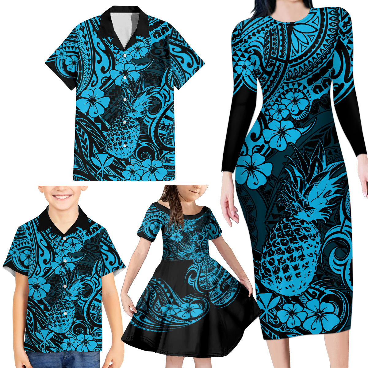 Hawaii Pineapple Family Matching Long Sleeve Bodycon Dress and Hawaiian Shirt Polynesian Pattern Sky Blue Version - Wonder Print Shop