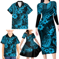 Hawaii Pineapple Family Matching Long Sleeve Bodycon Dress and Hawaiian Shirt Polynesian Pattern Sky Blue Version - Wonder Print Shop