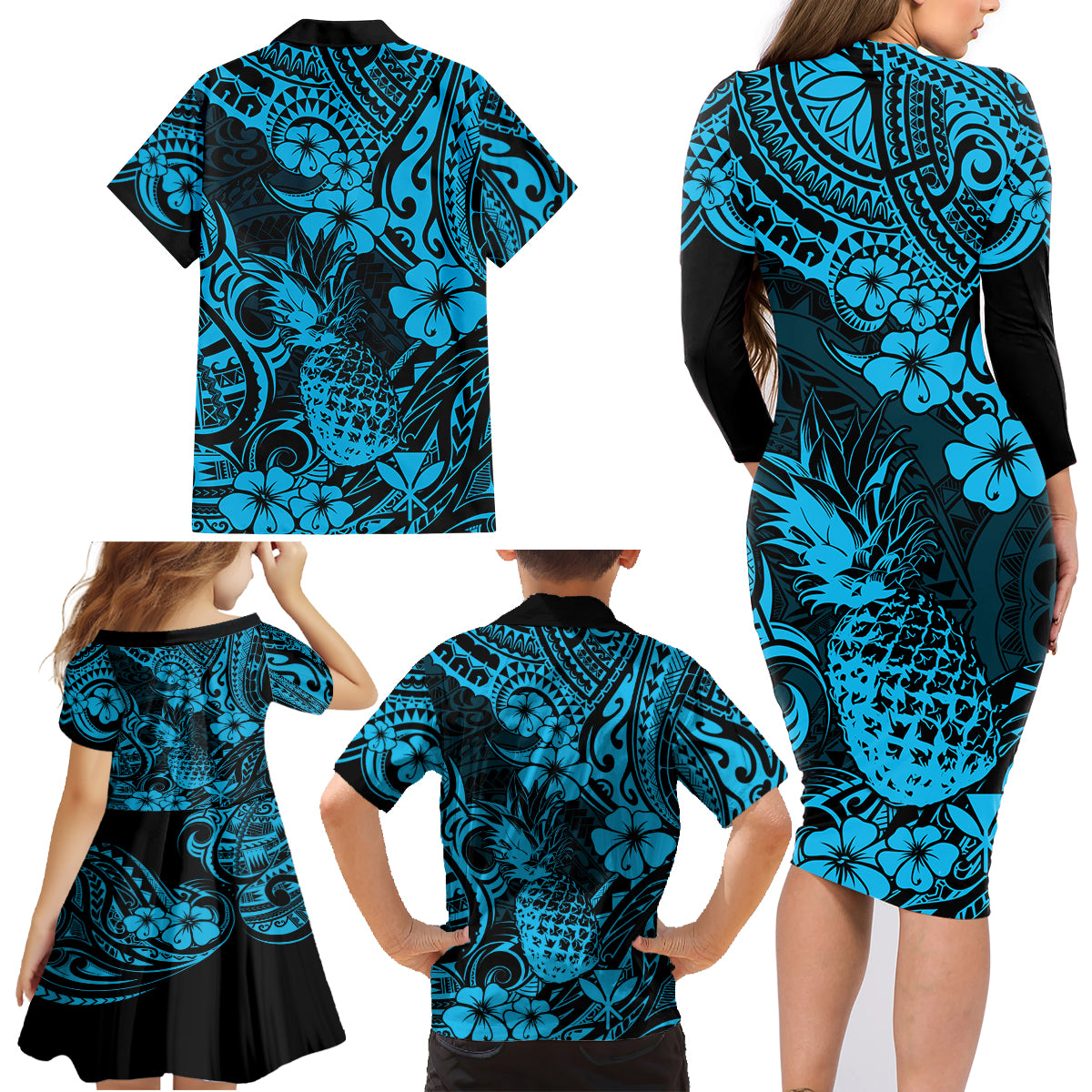 Hawaii Pineapple Family Matching Long Sleeve Bodycon Dress and Hawaiian Shirt Polynesian Pattern Sky Blue Version - Wonder Print Shop