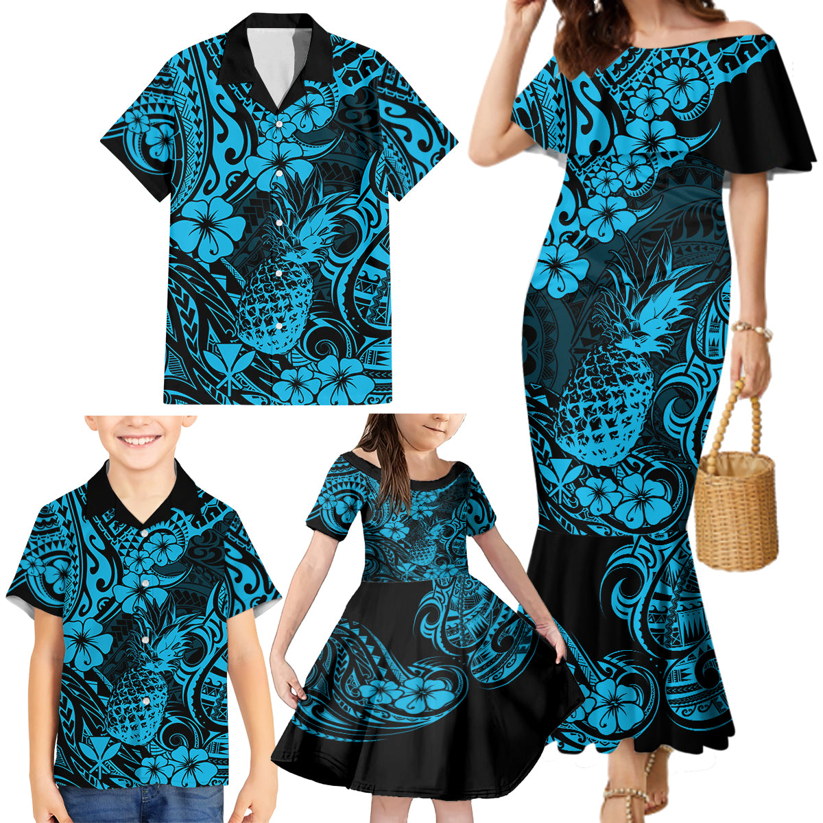 Hawaii Pineapple Family Matching Mermaid Dress and Hawaiian Shirt Polynesian Pattern Sky Blue Version - Wonder Print Shop