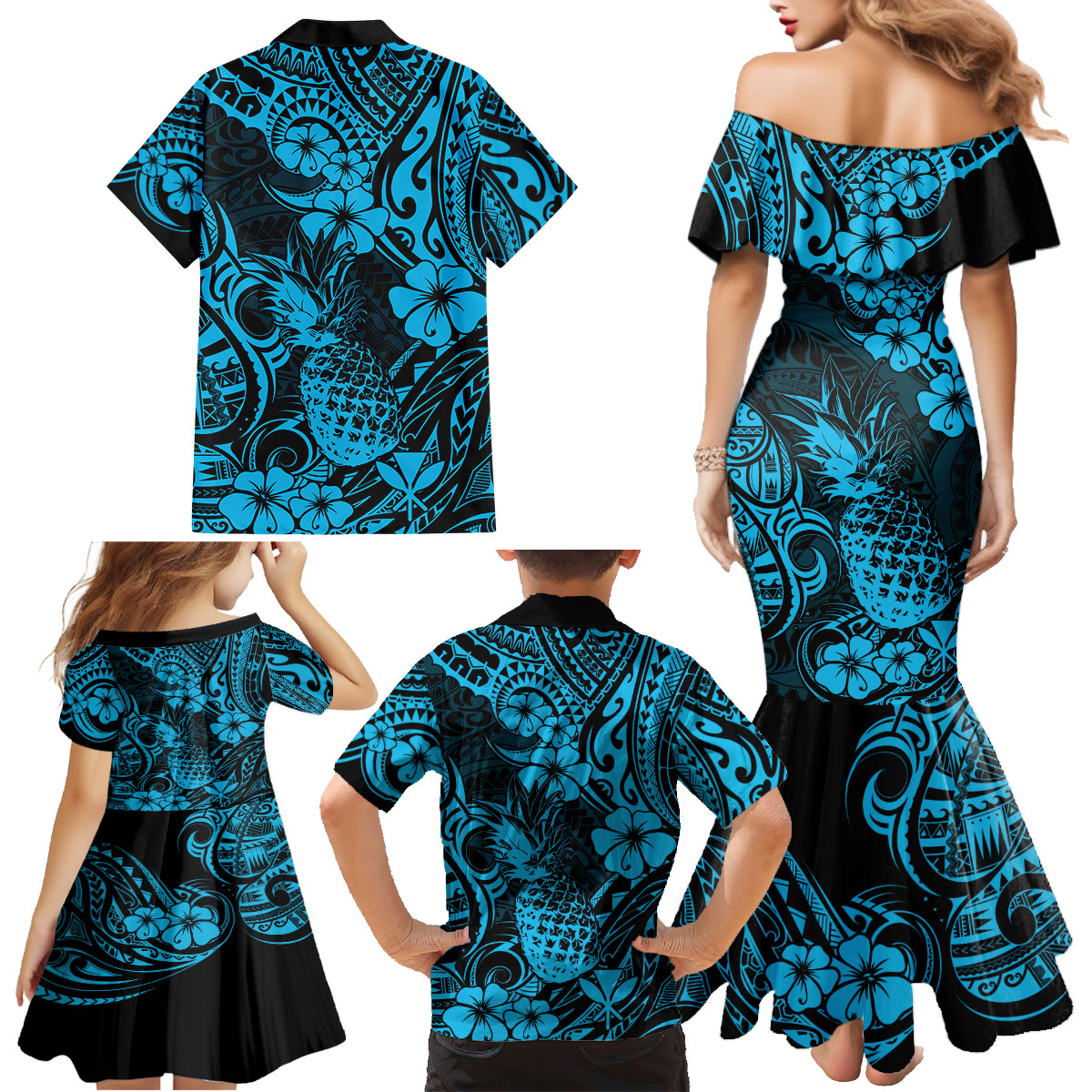 Hawaii Pineapple Family Matching Mermaid Dress and Hawaiian Shirt Polynesian Pattern Sky Blue Version - Wonder Print Shop