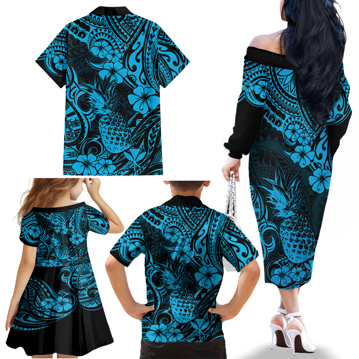 Hawaii Pineapple Family Matching Off Shoulder Long Sleeve Dress and Hawaiian Shirt Polynesian Pattern Sky Blue Version - Wonder Print Shop