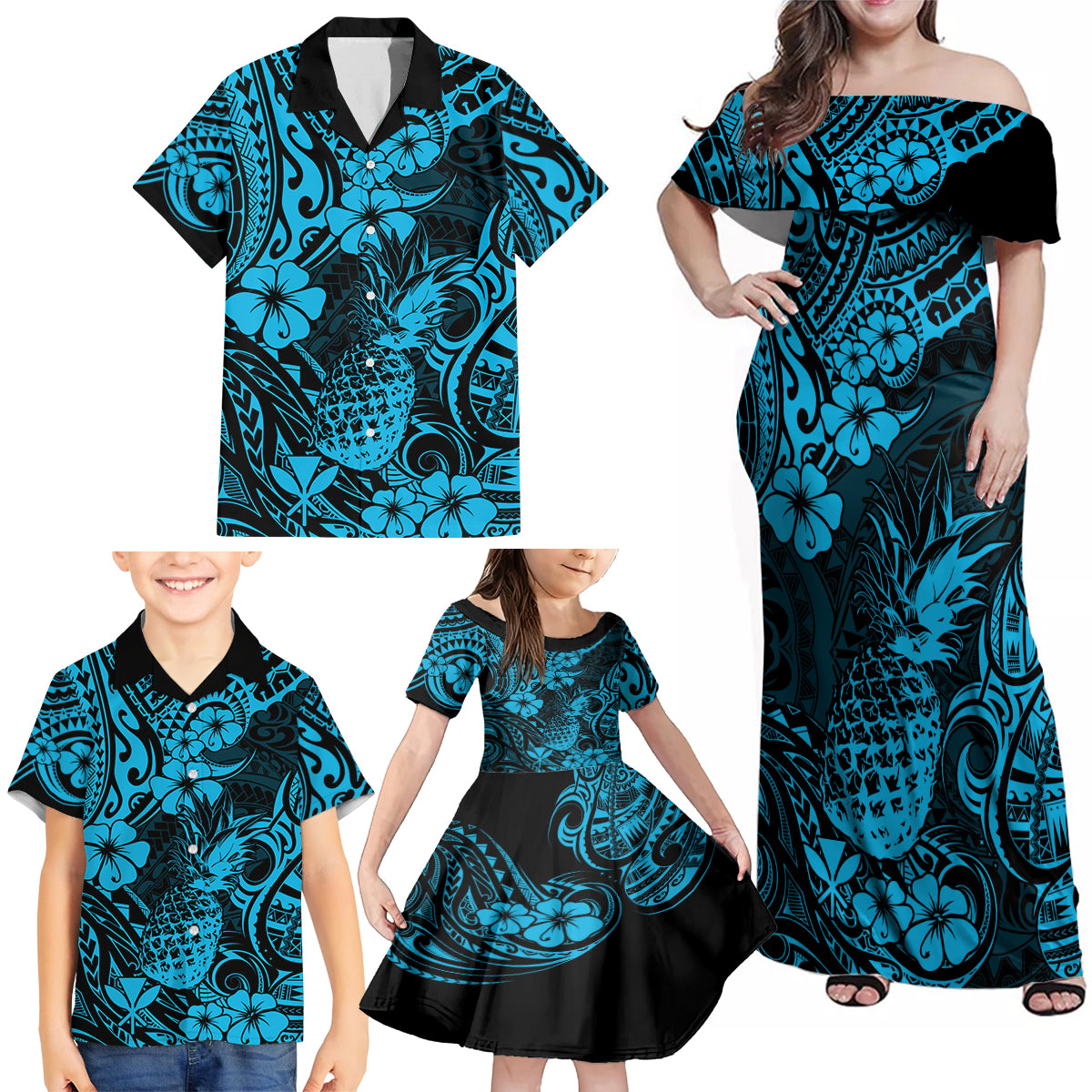 Hawaii Pineapple Family Matching Off Shoulder Maxi Dress and Hawaiian Shirt Polynesian Pattern Sky Blue Version - Wonder Print Shop