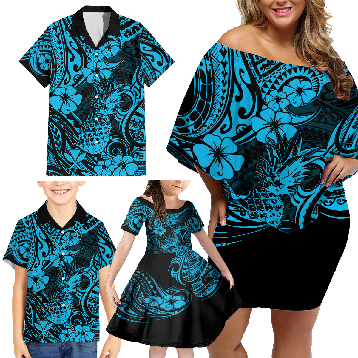 Hawaii Pineapple Family Matching Off Shoulder Short Dress and Hawaiian Shirt Polynesian Pattern Sky Blue Version - Wonder Print Shop