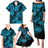 Hawaii Pineapple Family Matching Puletasi Dress and Hawaiian Shirt Polynesian Pattern Sky Blue Version - Wonder Print Shop
