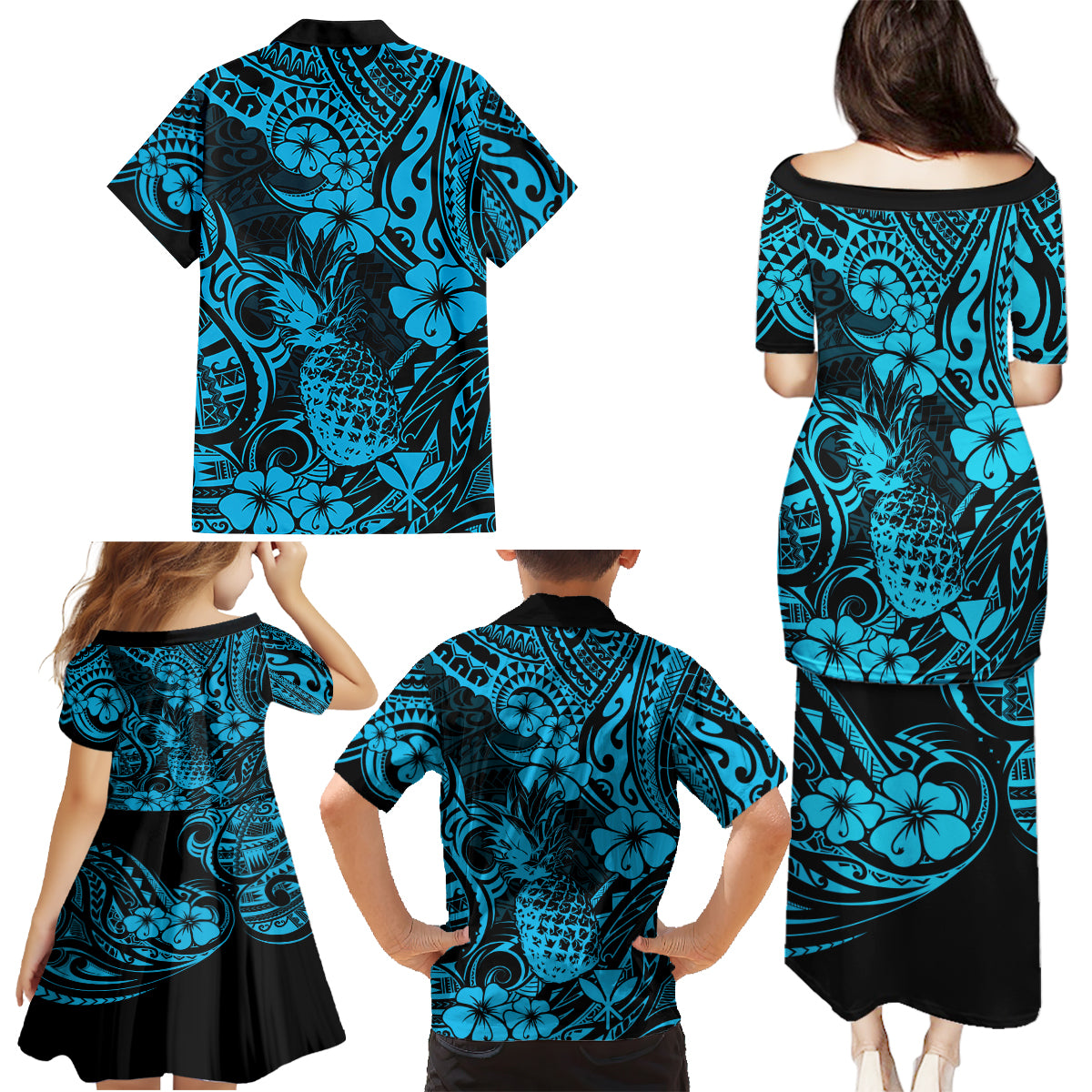 Hawaii Pineapple Family Matching Puletasi Dress and Hawaiian Shirt Polynesian Pattern Sky Blue Version - Wonder Print Shop