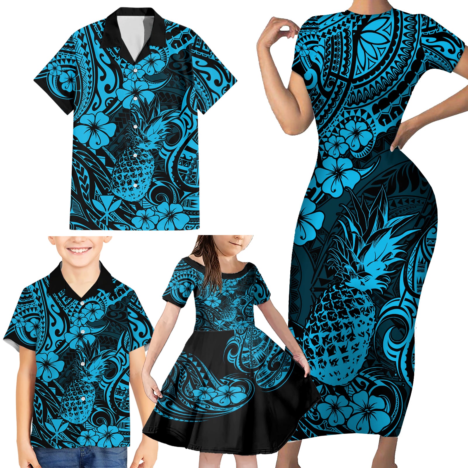 Hawaii Pineapple Family Matching Short Sleeve Bodycon Dress and Hawaiian Shirt Polynesian Pattern Sky Blue Version - Wonder Print Shop