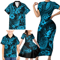 Hawaii Pineapple Family Matching Short Sleeve Bodycon Dress and Hawaiian Shirt Polynesian Pattern Sky Blue Version - Wonder Print Shop