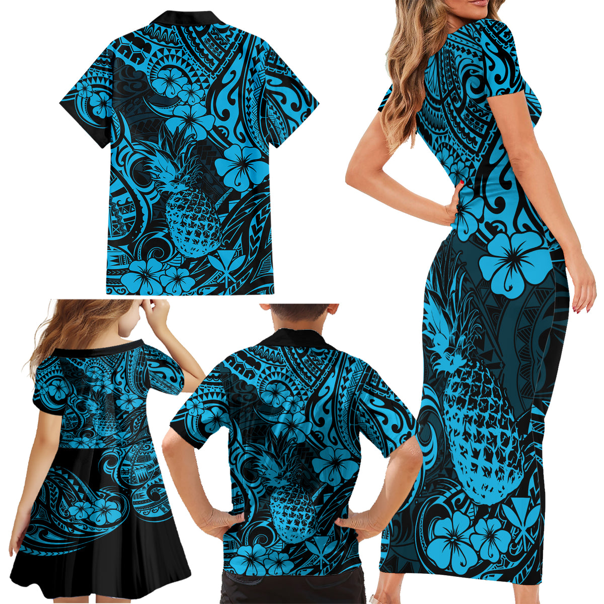 Hawaii Pineapple Family Matching Short Sleeve Bodycon Dress and Hawaiian Shirt Polynesian Pattern Sky Blue Version - Wonder Print Shop
