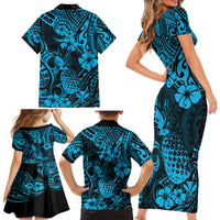 Hawaii Pineapple Family Matching Short Sleeve Bodycon Dress and Hawaiian Shirt Polynesian Pattern Sky Blue Version - Wonder Print Shop