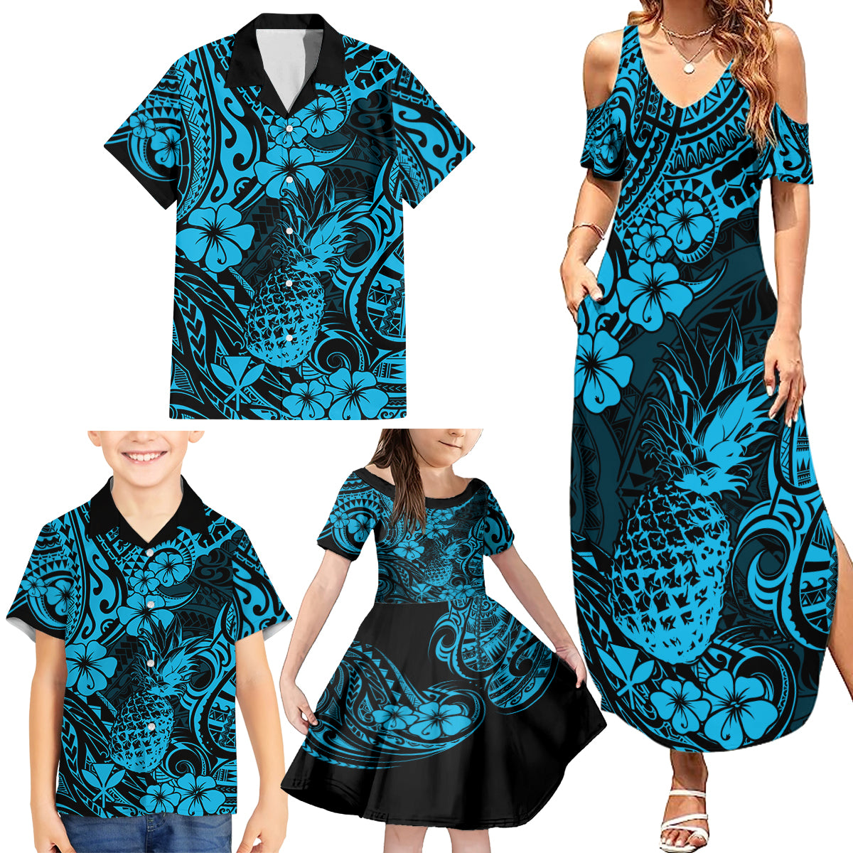 Hawaii Pineapple Family Matching Summer Maxi Dress and Hawaiian Shirt Polynesian Pattern Sky Blue Version - Wonder Print Shop