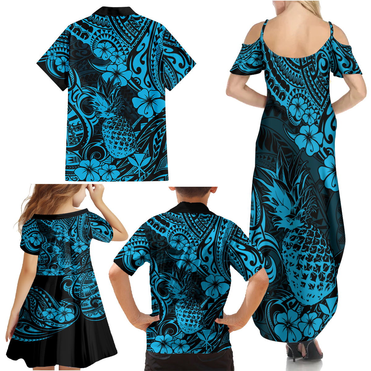 Hawaii Pineapple Family Matching Summer Maxi Dress and Hawaiian Shirt Polynesian Pattern Sky Blue Version - Wonder Print Shop