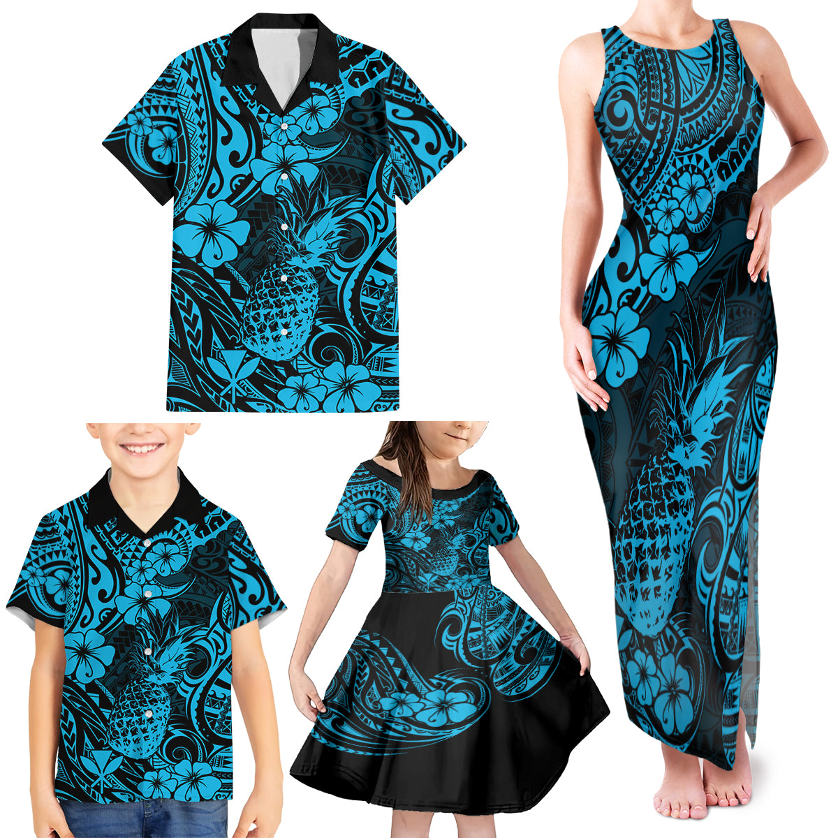 Hawaii Pineapple Family Matching Tank Maxi Dress and Hawaiian Shirt Polynesian Pattern Sky Blue Version - Wonder Print Shop