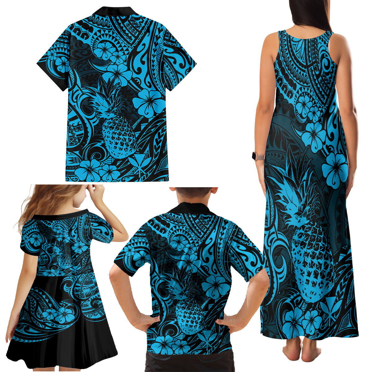 Hawaii Pineapple Family Matching Tank Maxi Dress and Hawaiian Shirt Polynesian Pattern Sky Blue Version - Wonder Print Shop