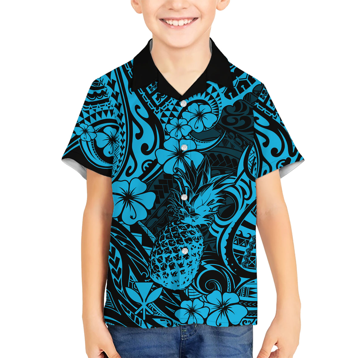 Hawaii Pineapple Kid Hawaiian Shirt Polynesian Pattern Sky Blue Version - Wonder Print Shop