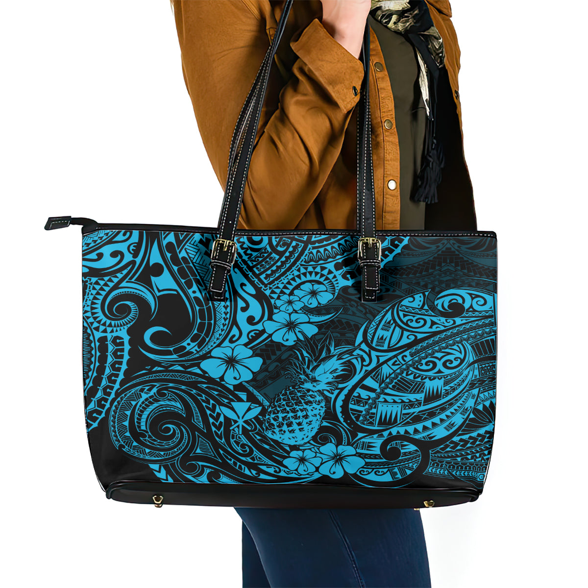 Hawaii Pineapple Leather Tote Bag Polynesian Pattern Sky Blue Version - Wonder Print Shop