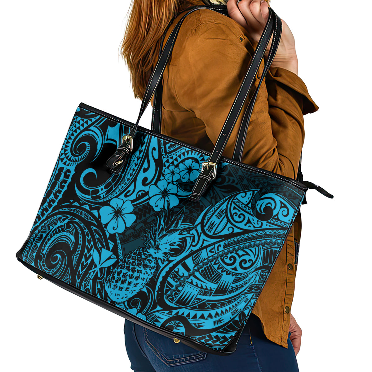 Hawaii Pineapple Leather Tote Bag Polynesian Pattern Sky Blue Version - Wonder Print Shop