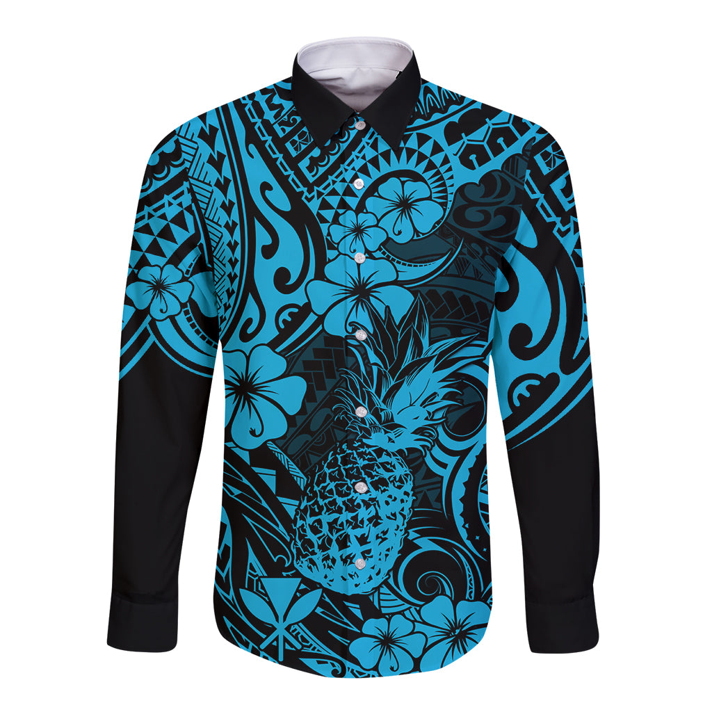 Hawaii Pineapple Long Sleeve Button Shirt Polynesian Pattern Sky Blue Version - Wonder Print Shop