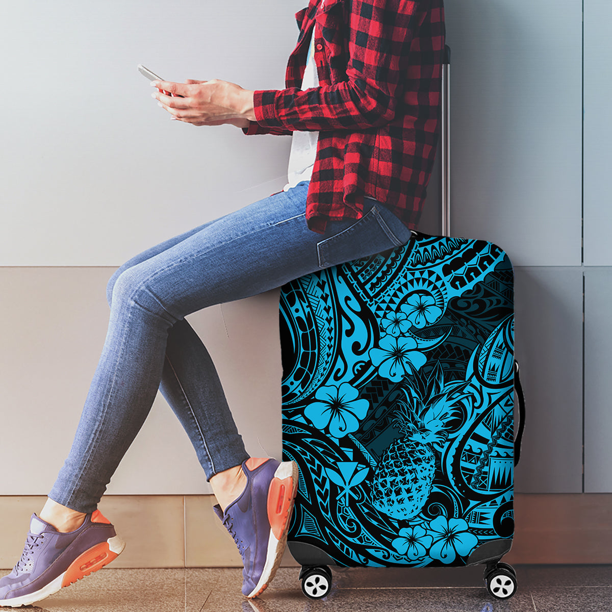 Hawaii Pineapple Luggage Cover Polynesian Pattern Sky Blue Version - Wonder Print Shop