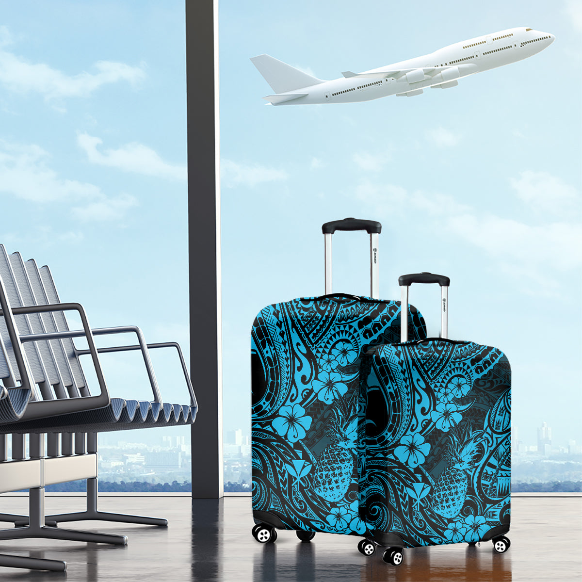 Hawaii Pineapple Luggage Cover Polynesian Pattern Sky Blue Version - Wonder Print Shop