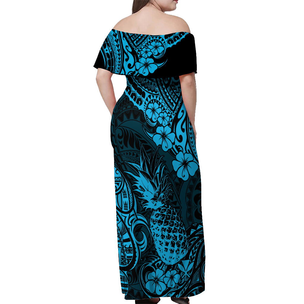 Hawaii Pineapple Off Shoulder Maxi Dress Polynesian Pattern Sky Blue Version - Wonder Print Shop