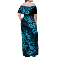 Hawaii Pineapple Off Shoulder Maxi Dress Polynesian Pattern Sky Blue Version - Wonder Print Shop