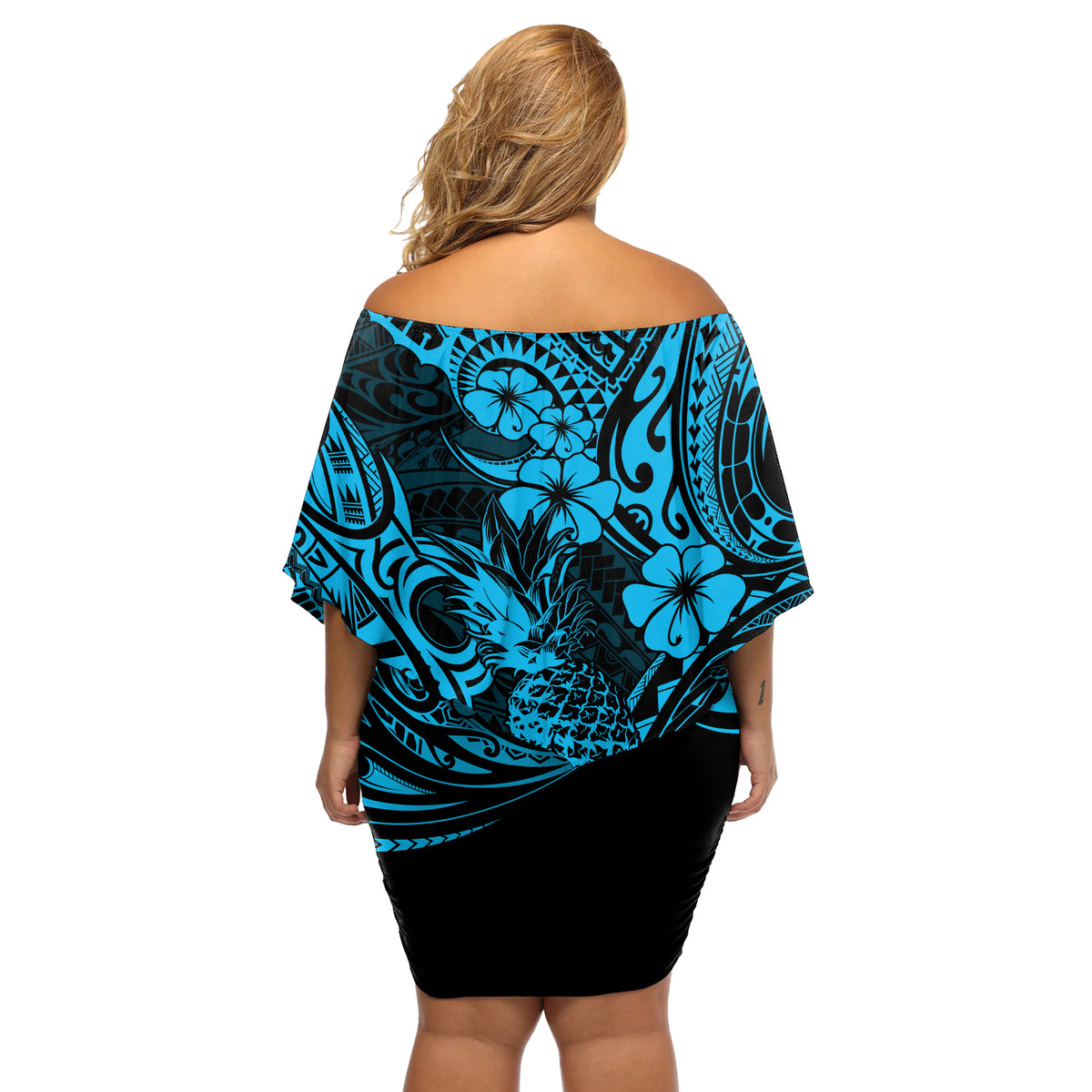 Hawaii Pineapple Off Shoulder Short Dress Polynesian Pattern Sky Blue Version - Wonder Print Shop