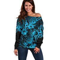 Hawaii Pineapple Off Shoulder Sweater Polynesian Pattern Sky Blue Version - Wonder Print Shop