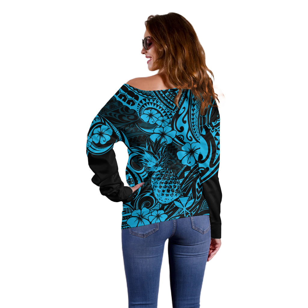 Hawaii Pineapple Off Shoulder Sweater Polynesian Pattern Sky Blue Version - Wonder Print Shop