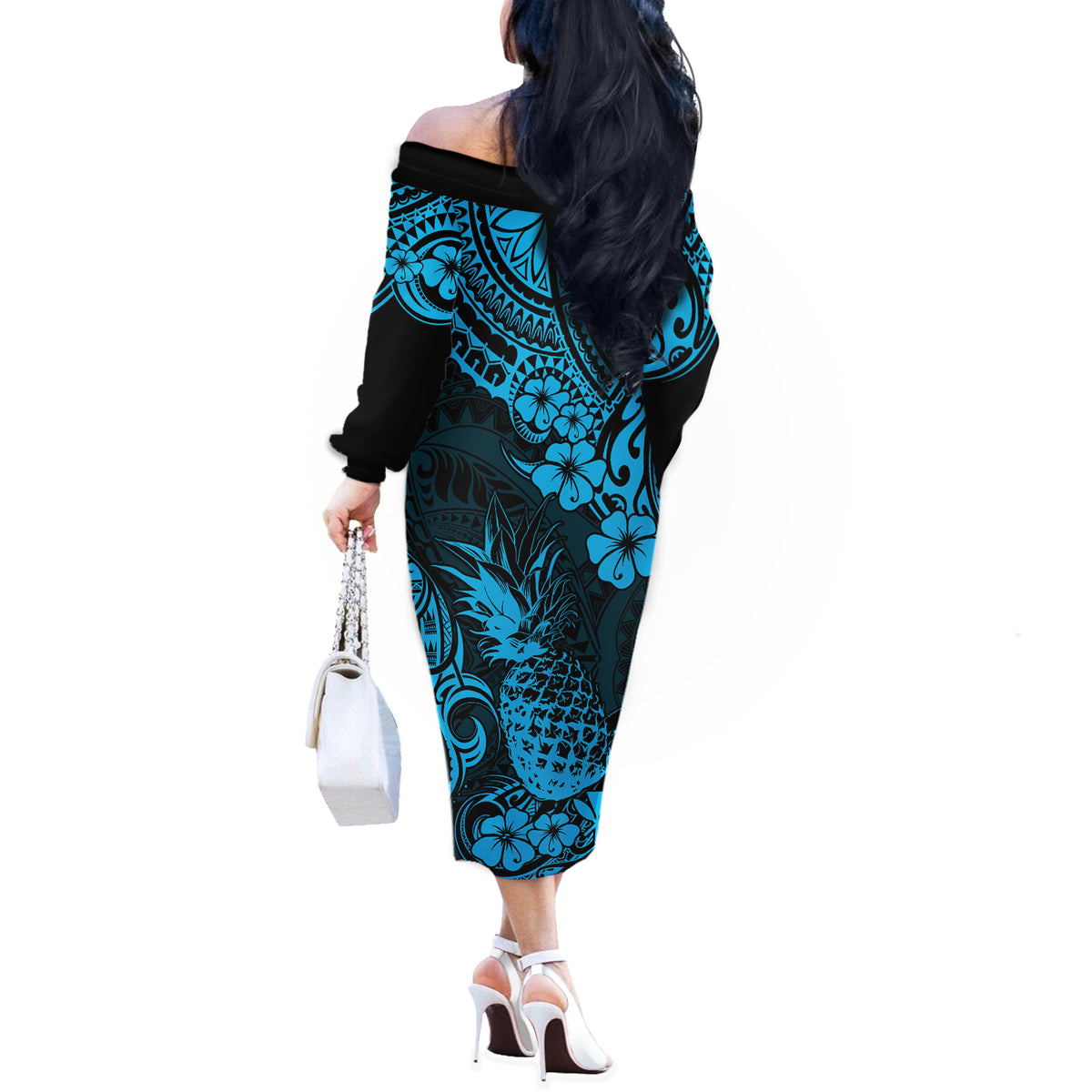 Hawaii Pineapple Off The Shoulder Long Sleeve Dress Polynesian Pattern Sky Blue Version - Wonder Print Shop