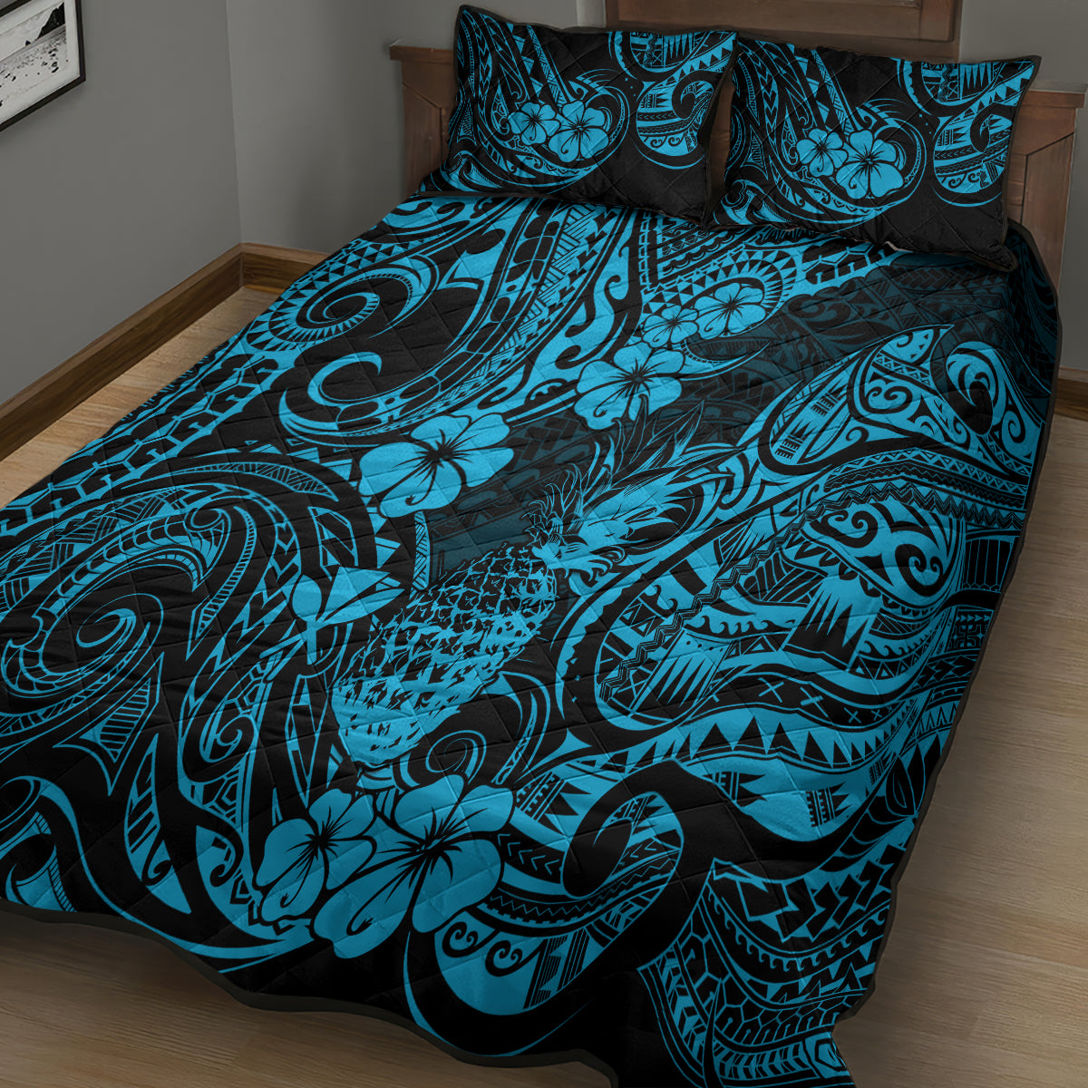 Hawaii Pineapple Quilt Bed Set Polynesian Pattern Sky Blue Version - Wonder Print Shop