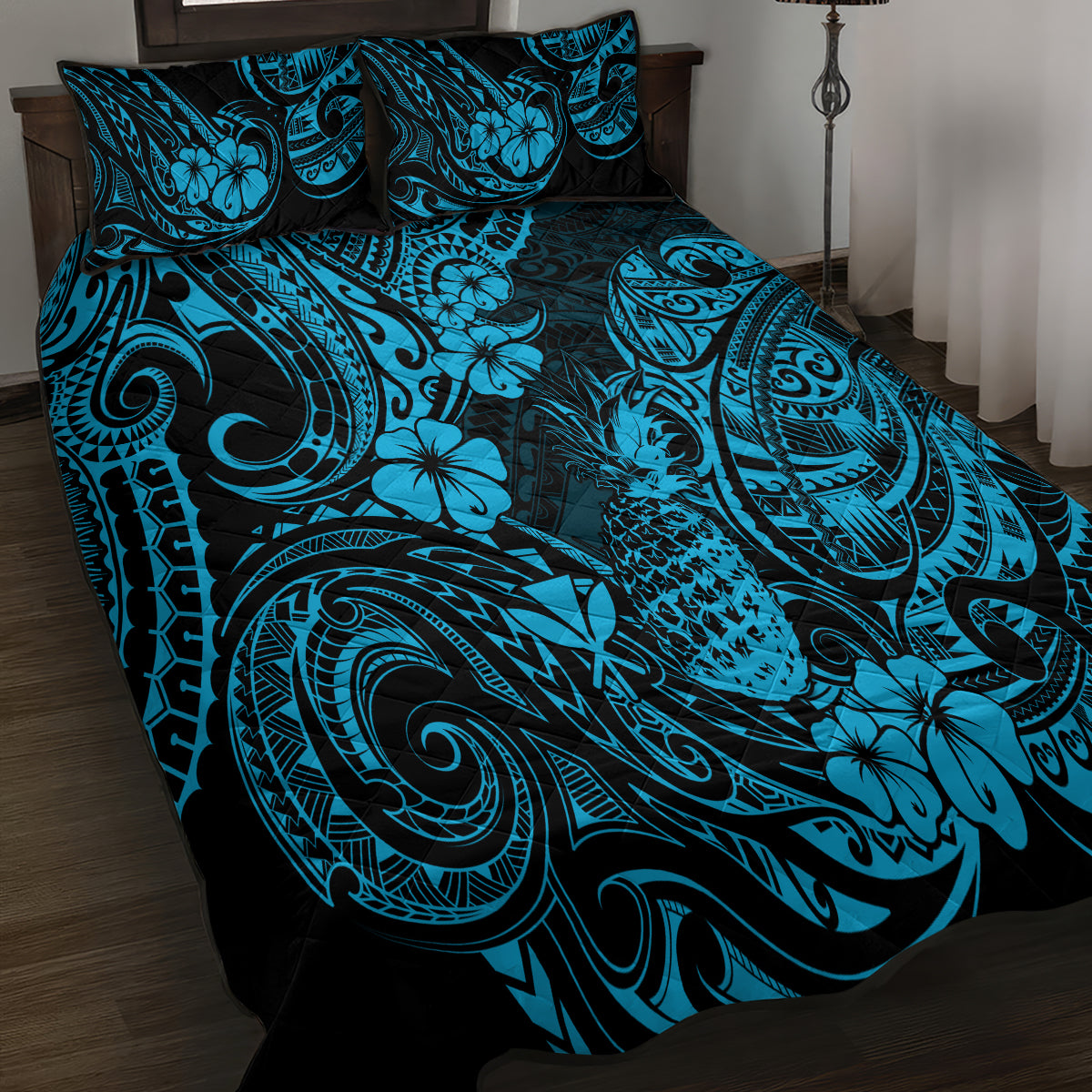 Hawaii Pineapple Quilt Bed Set Polynesian Pattern Sky Blue Version - Wonder Print Shop