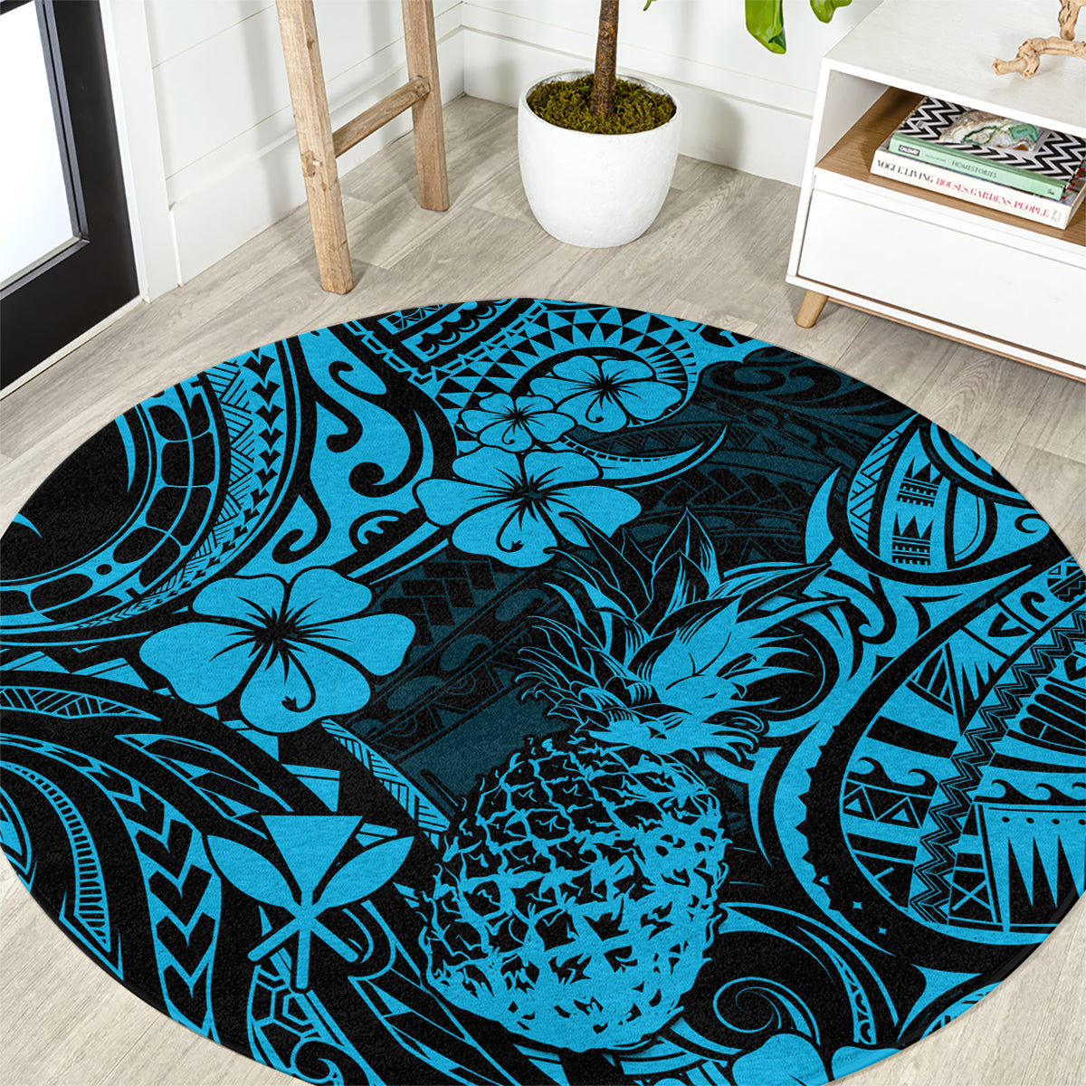hawaii-pineapple-round-carpet-polynesian-pattern-sky-blue-version
