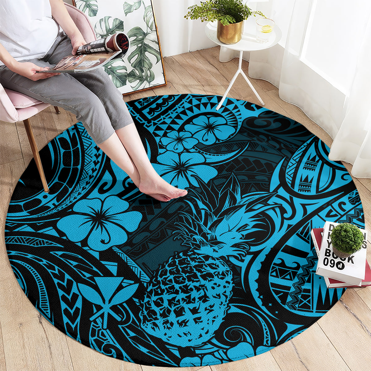 hawaii-pineapple-round-carpet-polynesian-pattern-sky-blue-version