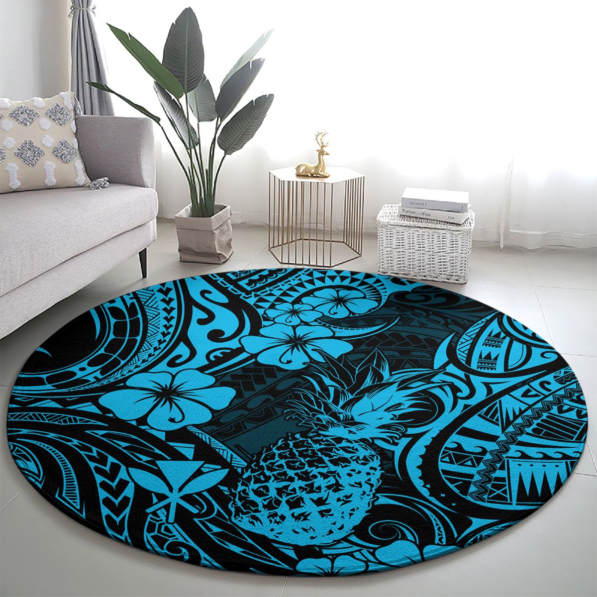 hawaii-pineapple-round-carpet-polynesian-pattern-sky-blue-version