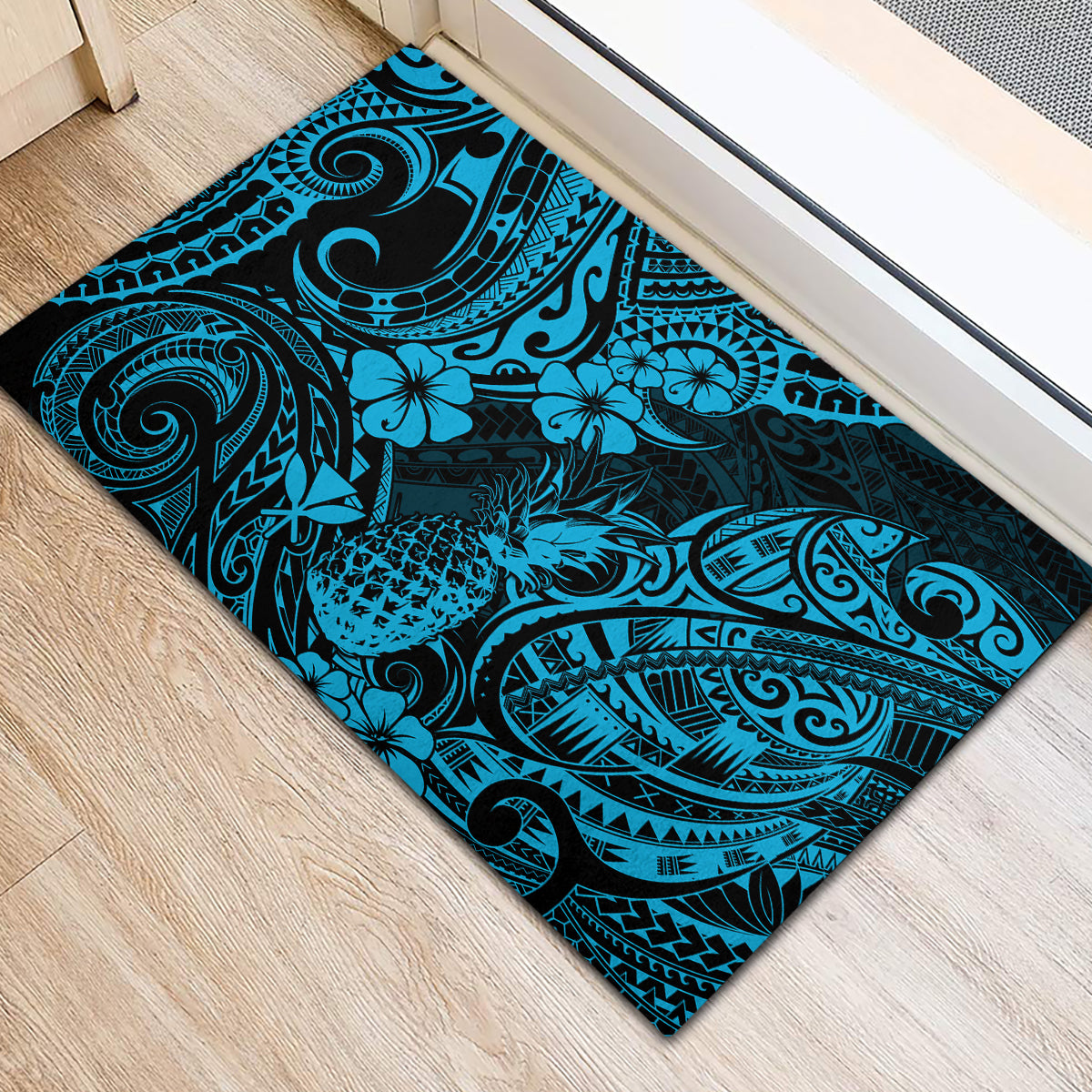 Hawaii Pineapple Rubber Doormat Polynesian Pattern Sky Blue Version - Wonder Print Shop