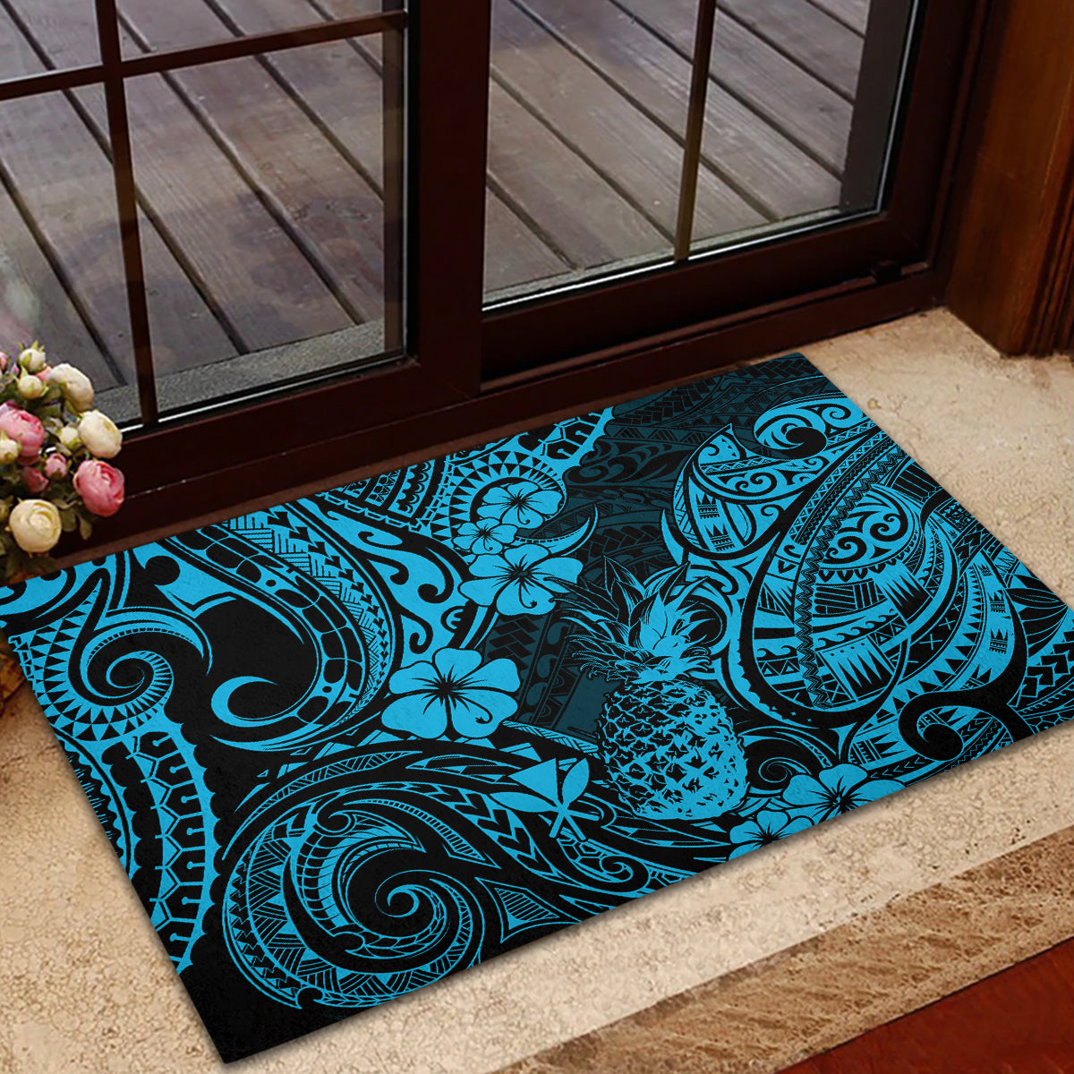 Hawaii Pineapple Rubber Doormat Polynesian Pattern Sky Blue Version - Wonder Print Shop