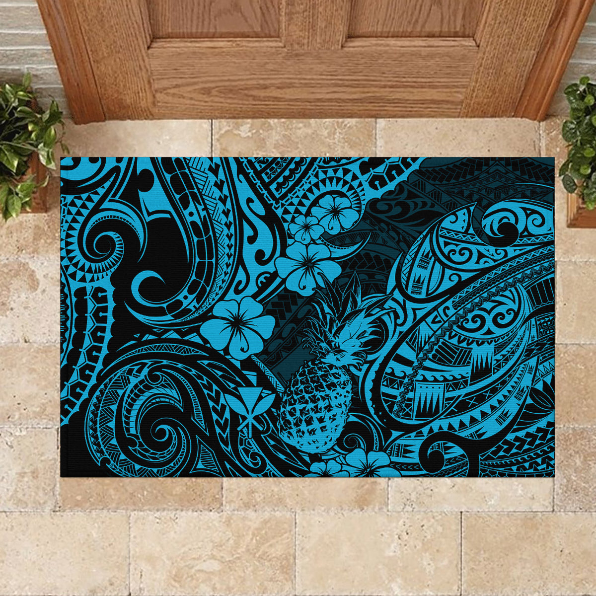 Hawaii Pineapple Rubber Doormat Polynesian Pattern Sky Blue Version - Wonder Print Shop