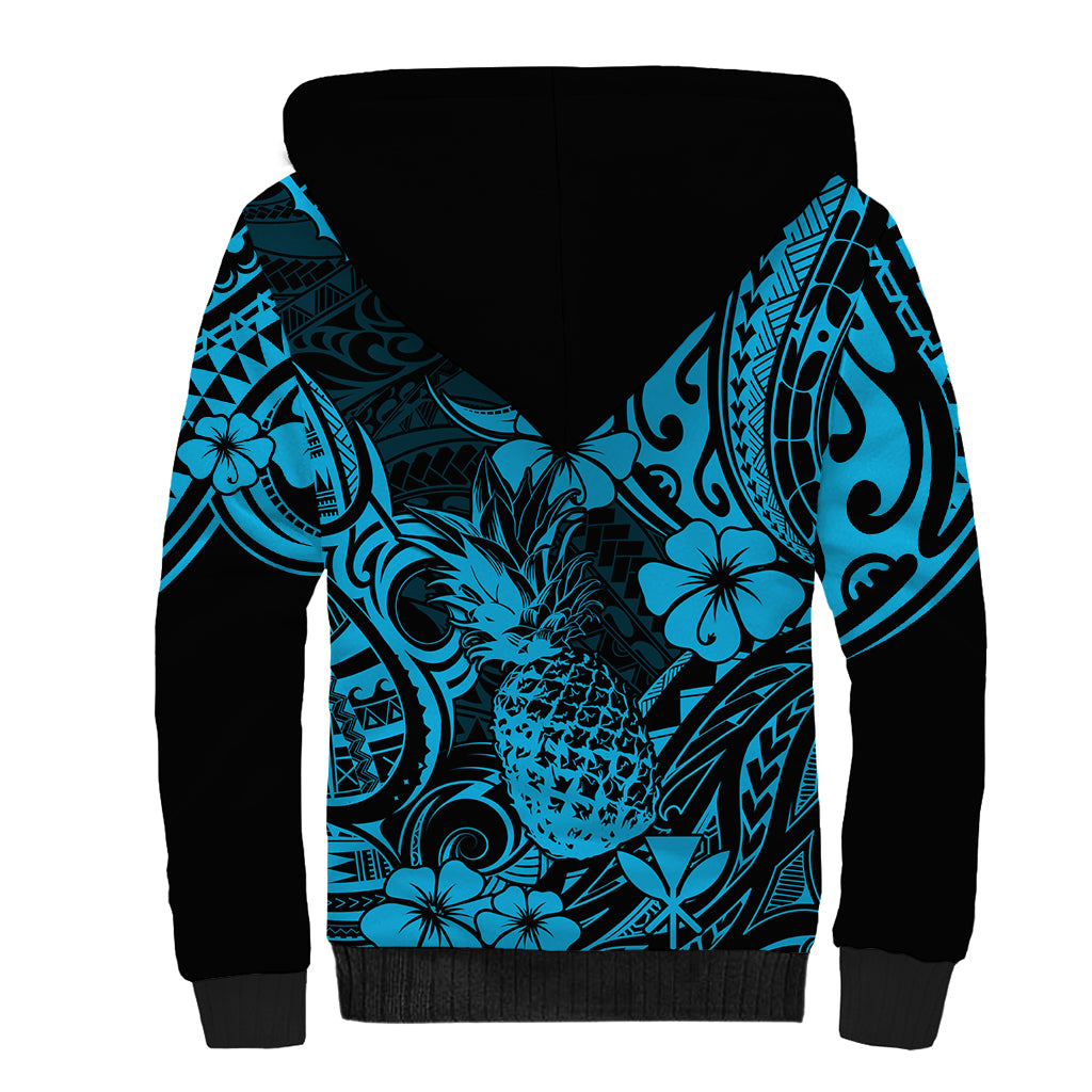 Hawaii Pineapple Sherpa Hoodie Polynesian Pattern Sky Blue Version - Wonder Print Shop