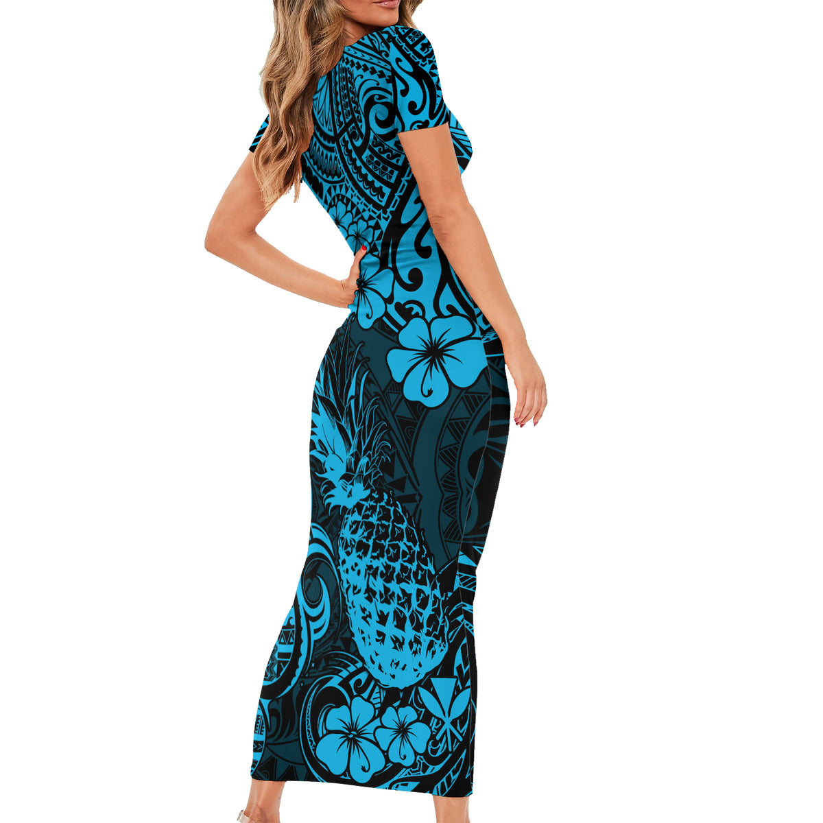 Hawaii Pineapple Short Sleeve Bodycon Dress Polynesian Pattern Sky Blue Version - Wonder Print Shop