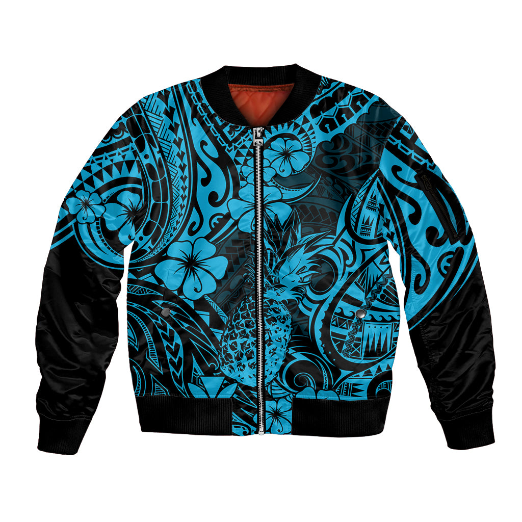 Hawaii Pineapple Sleeve Zip Bomber Jacket Polynesian Pattern Sky Blue Version - Wonder Print Shop