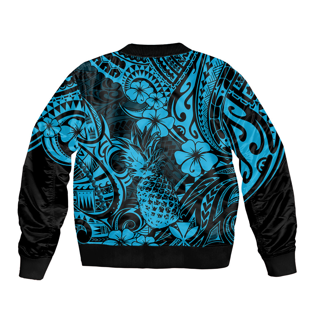 Hawaii Pineapple Sleeve Zip Bomber Jacket Polynesian Pattern Sky Blue Version - Wonder Print Shop