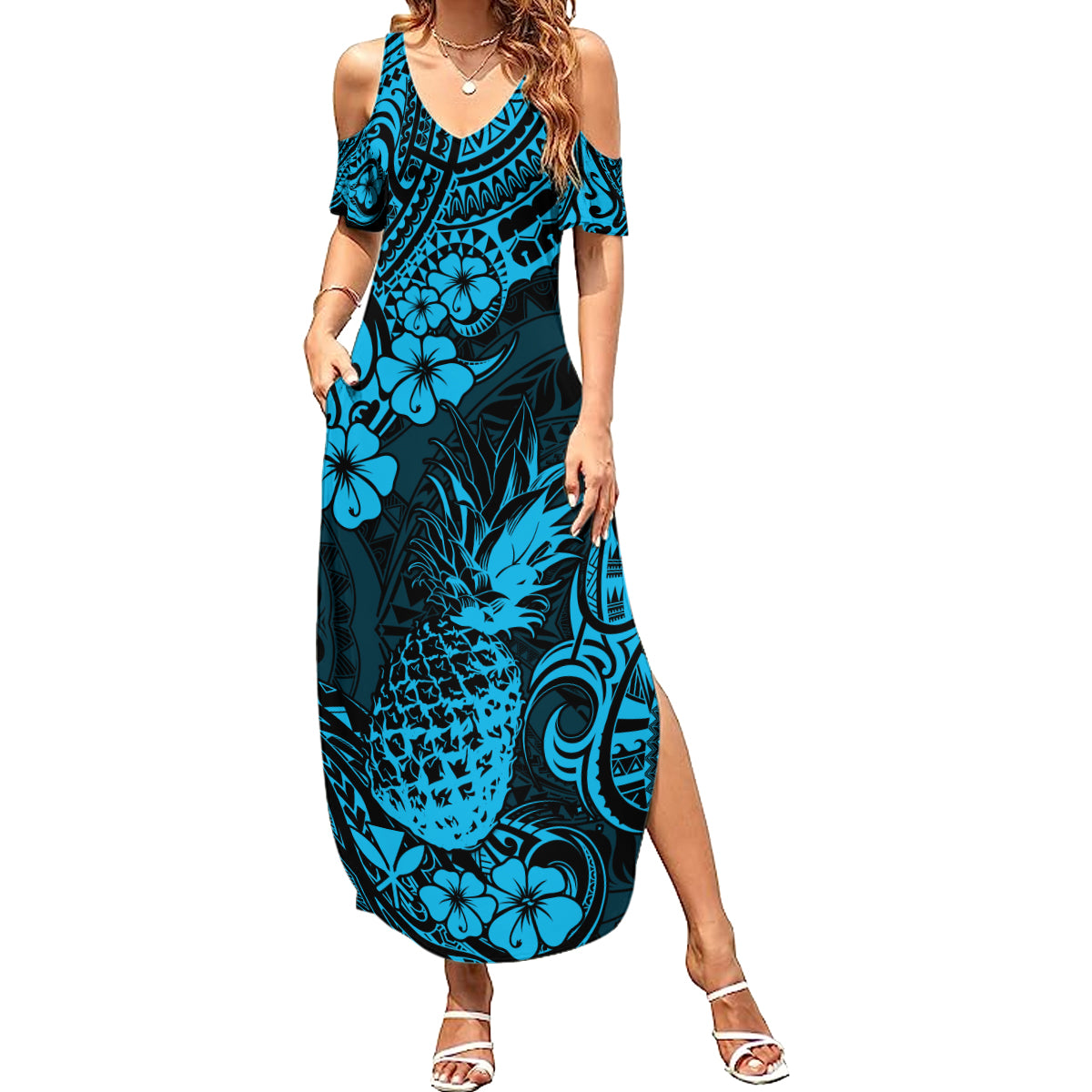 Hawaii Pineapple Summer Maxi Dress Polynesian Pattern Sky Blue Version - Wonder Print Shop
