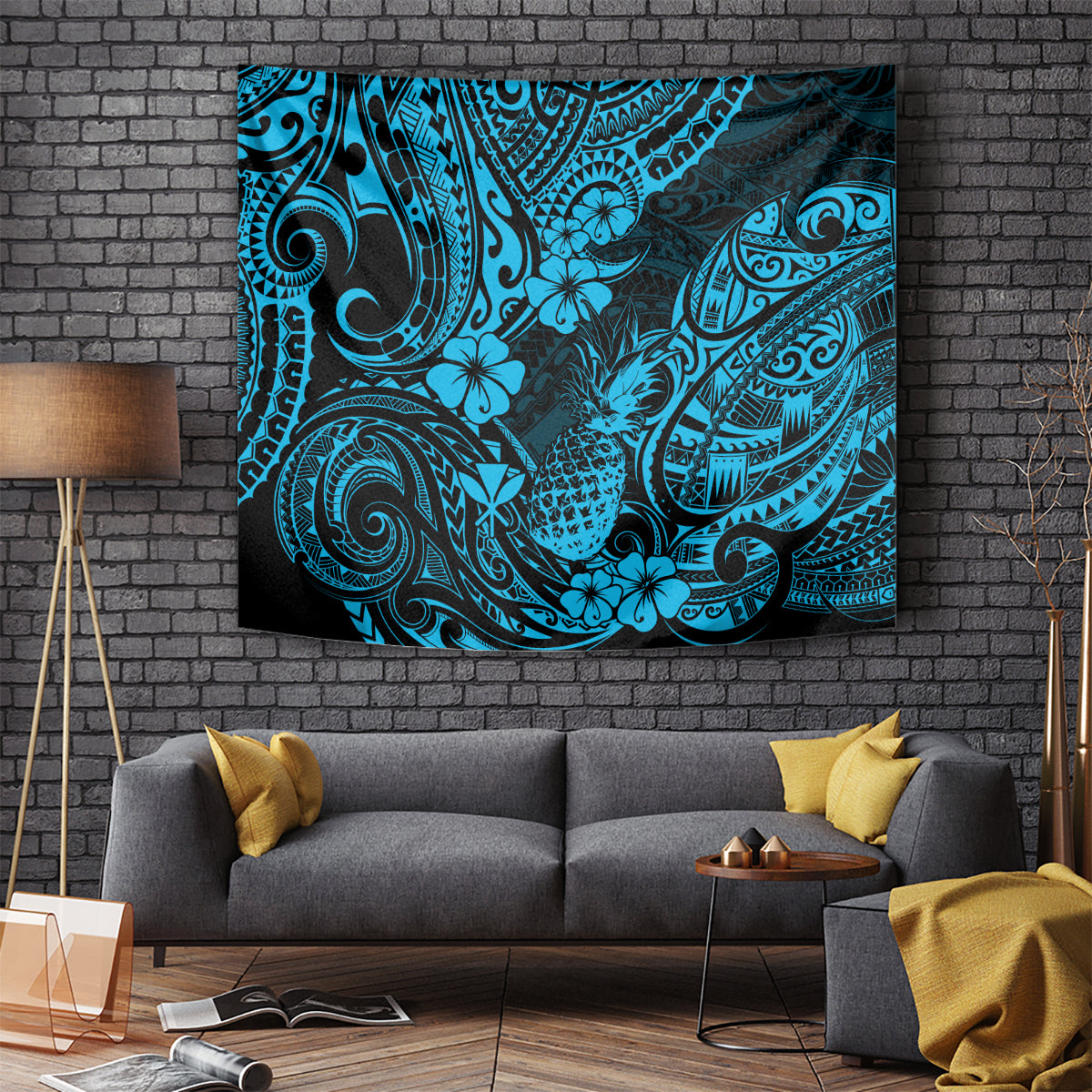 Hawaii Pineapple Tapestry Polynesian Pattern Sky Blue Version - Wonder Print Shop
