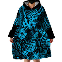Hawaii Pineapple Wearable Blanket Hoodie Polynesian Pattern Sky Blue Version - Wonder Print Shop