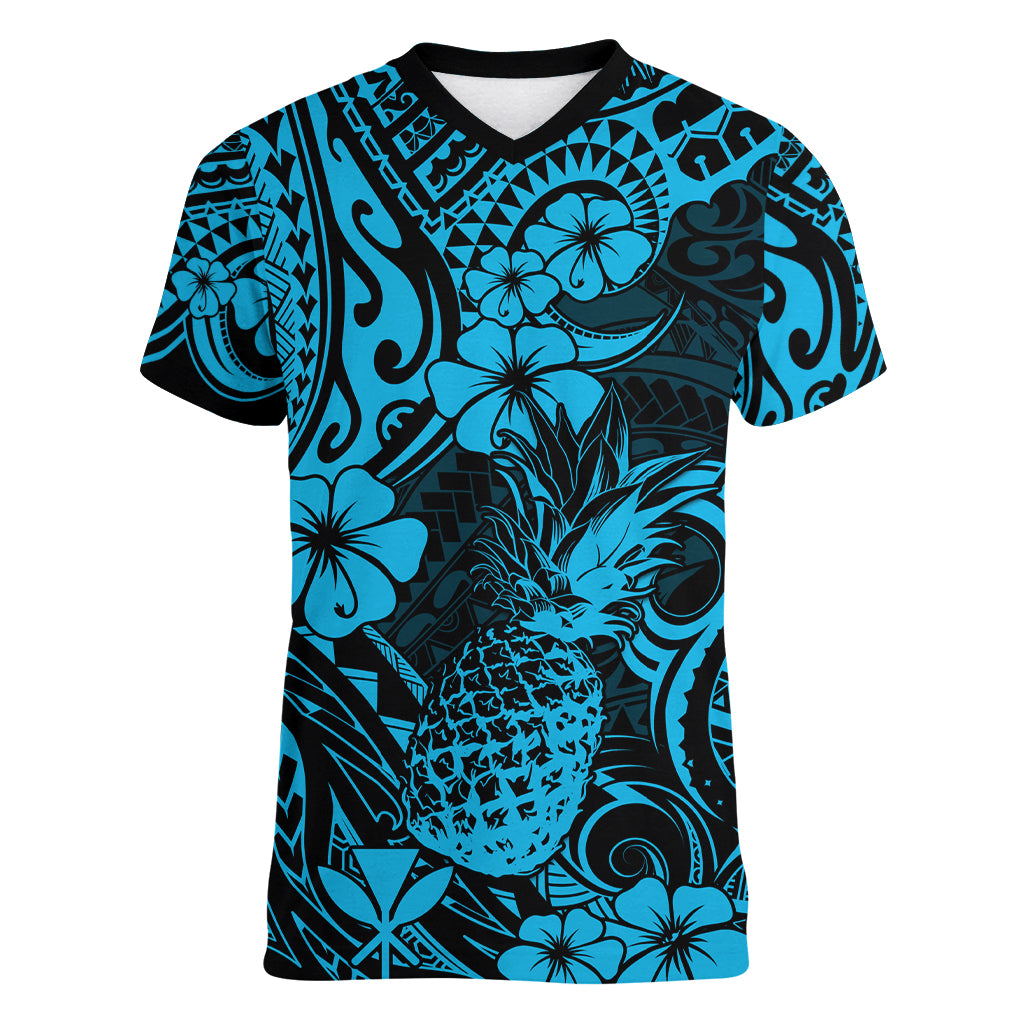 Hawaii Pineapple Women V Neck T Shirt Polynesian Pattern Sky Blue Version - Wonder Print Shop