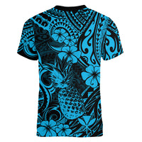 Hawaii Pineapple Women V Neck T Shirt Polynesian Pattern Sky Blue Version - Wonder Print Shop