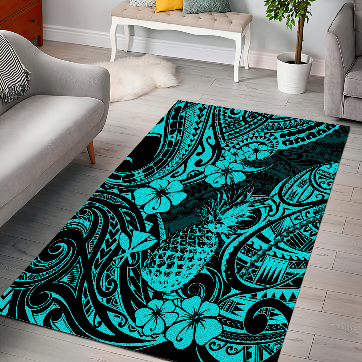 Hawaii Pineapple Area Rug Polynesian Pattern Turquoise Version - Wonder Print Shop