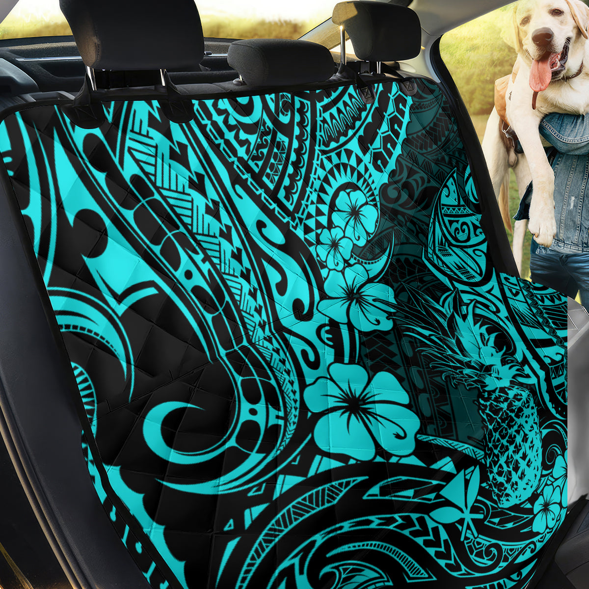 Hawaii Pineapple Back Car Seat Cover Polynesian Pattern Turquoise Version - Wonder Print Shop