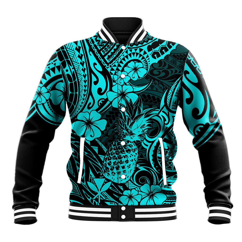 Hawaii Pineapple Baseball Jacket Polynesian Pattern Turquoise Version - Wonder Print Shop